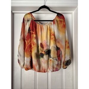 Alice + Olivia Small/S Flame Colored Abstract Balloon Sleeve Blouse Shirt VGC